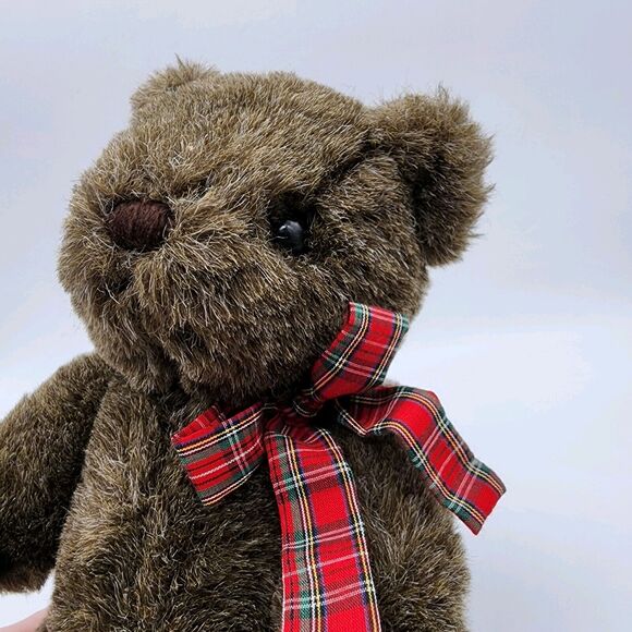 Vintage Gund Jointed Brown Teddy Bear 12" Plaid Bow Leather Feet Yarn Nose 1982 - Picture 7 of 11